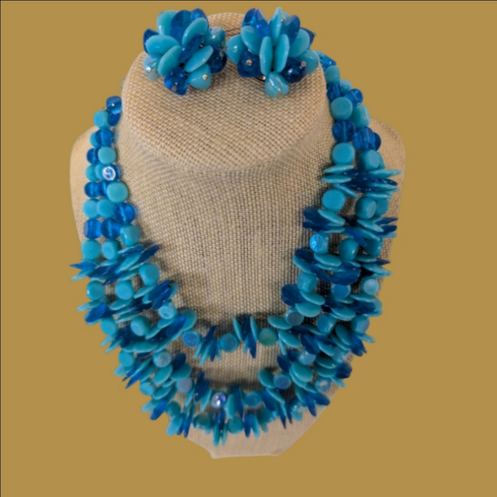 Vintage Necklace Plastic Beads Crystal Beads Three Strand Earrings 1960